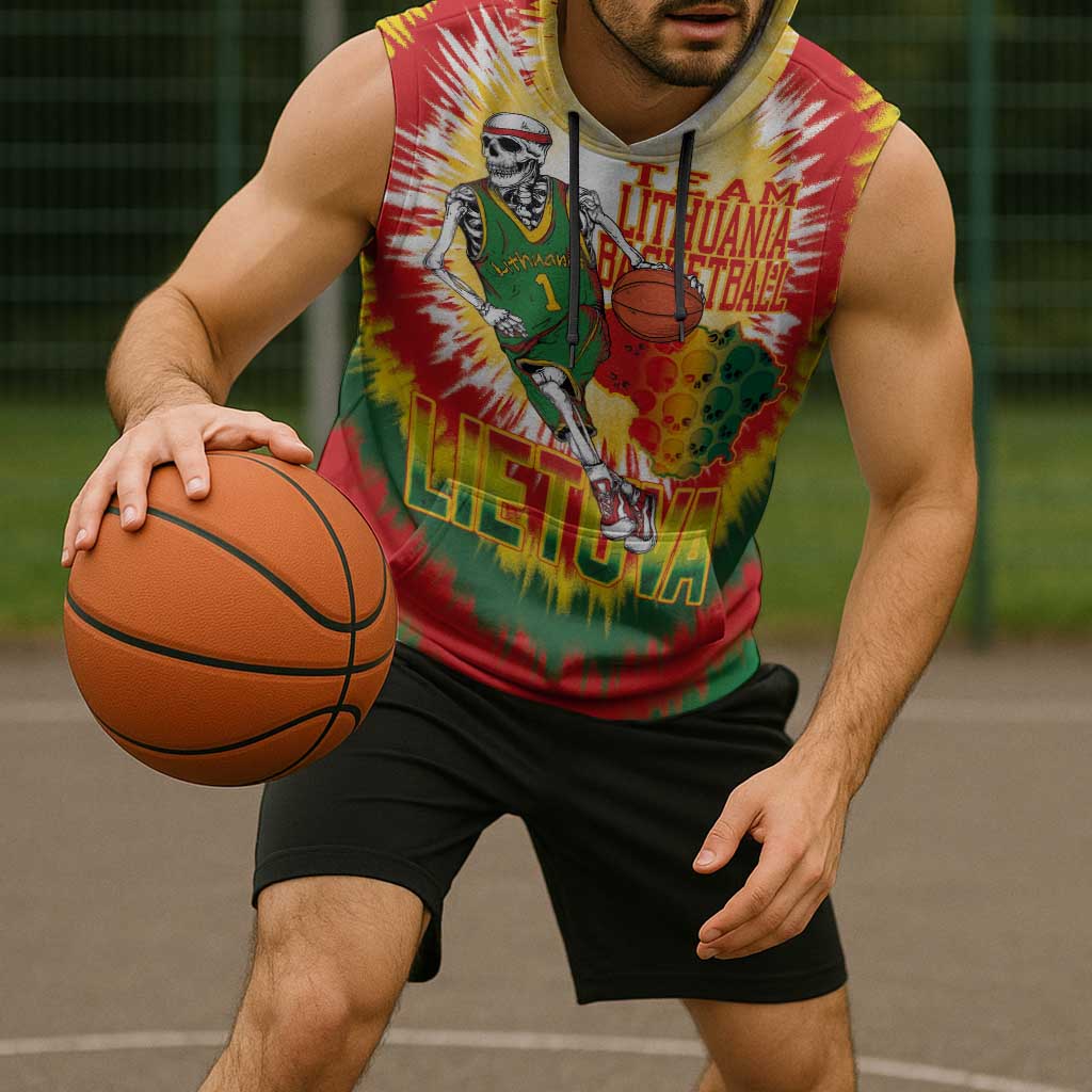 Custom Lithuania Basketball Sleeveless Hoodie Champions Skeleton of The Baltic Tie Dye Style - Wonder Print Shop