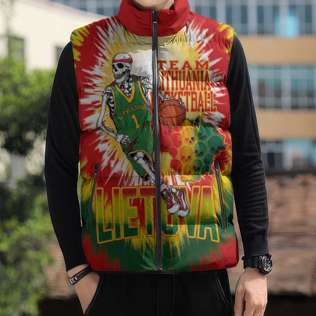 Custom Lithuania Basketball Sleeveless Puffer Jacket Champions Skeleton of The Baltic Tie Dye Style - Wonder Print Shop
