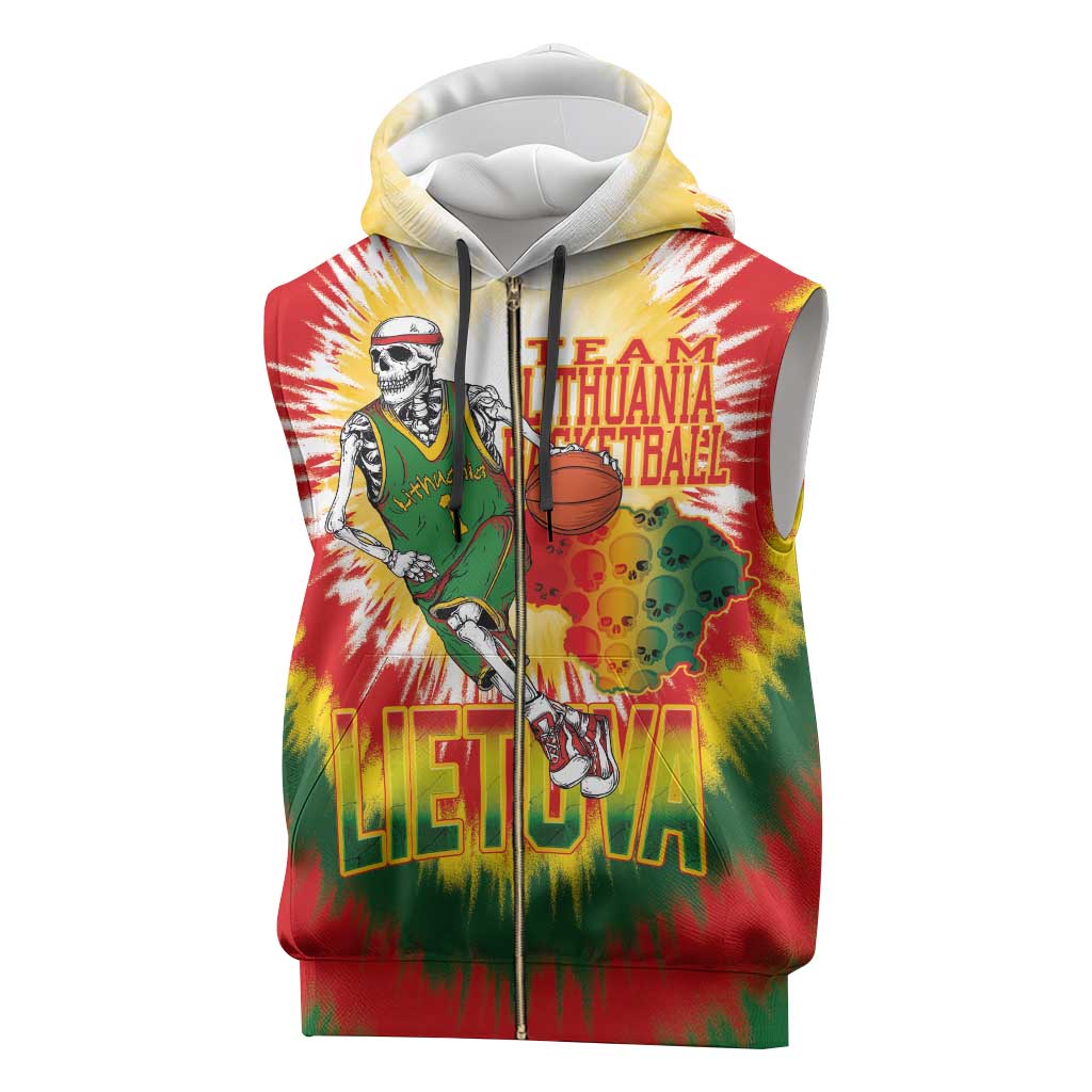 Custom Lithuania Basketball Sleeveless Zip Hoodie Champions Skeleton of The Baltic Tie Dye Style - Wonder Print Shop