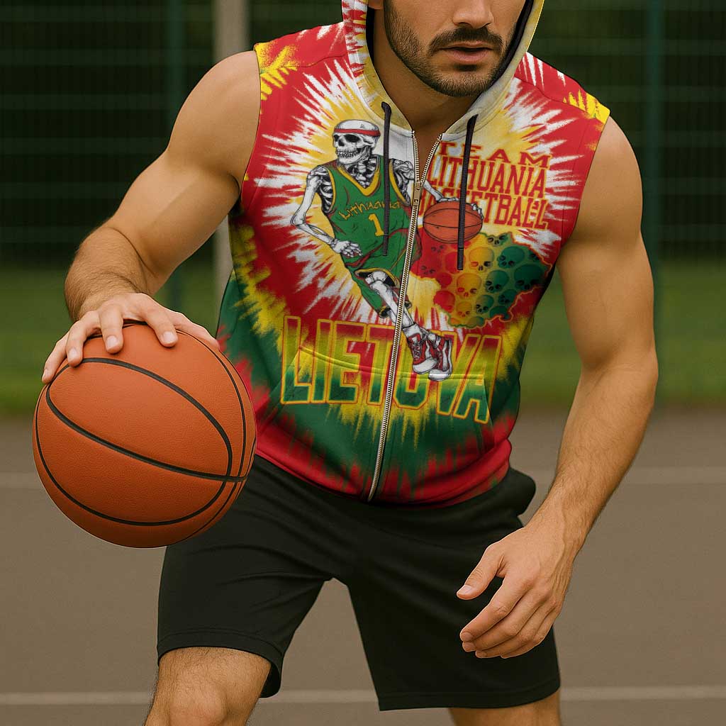 Custom Lithuania Basketball Sleeveless Zip Hoodie Champions Skeleton of The Baltic Tie Dye Style - Wonder Print Shop
