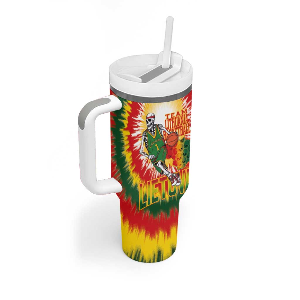 Custom Lithuania Basketball Tumbler With Handle Champions Skeleton of The Baltic Tie Dye Style - Wonder Print Shop
