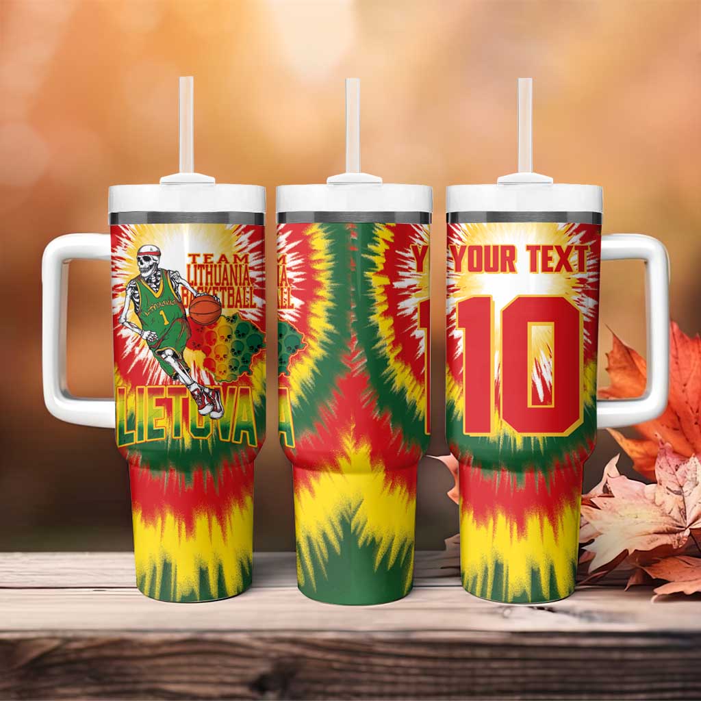 Custom Lithuania Basketball Tumbler With Handle Champions Skeleton of The Baltic Tie Dye Style - Wonder Print Shop