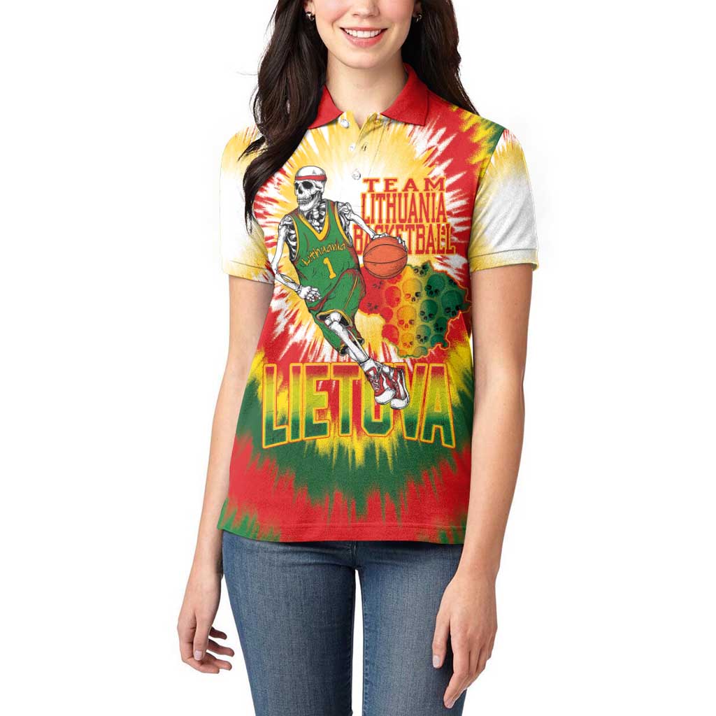 Custom Lithuania Basketball Women Polo Shirt Champions Skeleton of The Baltic Tie Dye Style - Wonder Print Shop