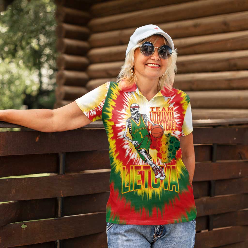 Custom Lithuania Basketball Women Polo Shirt Champions Skeleton of The Baltic Tie Dye Style - Wonder Print Shop