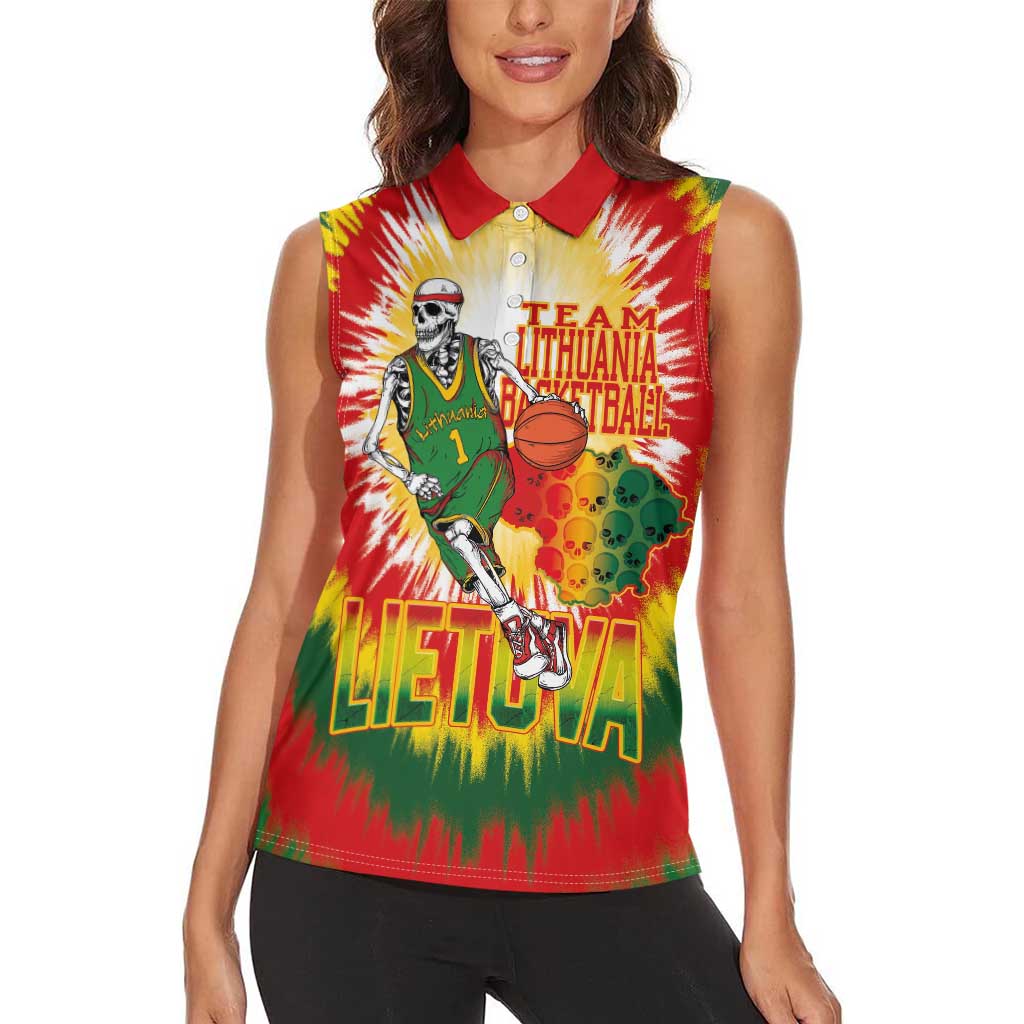 Custom Lithuania Basketball Women Sleeveless Polo Shirt Champions Skeleton of The Baltic Tie Dye Style - Wonder Print Shop