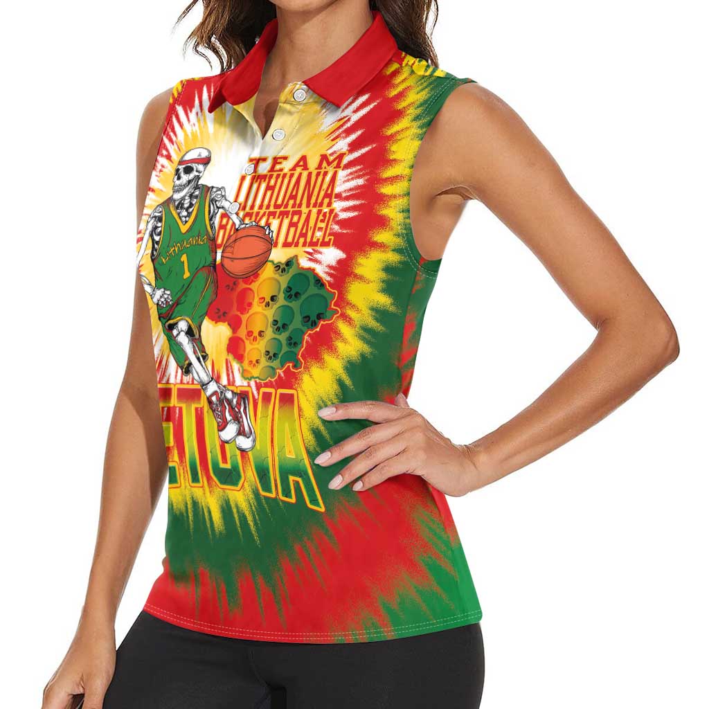 Custom Lithuania Basketball Women Sleeveless Polo Shirt Champions Skeleton of The Baltic Tie Dye Style - Wonder Print Shop