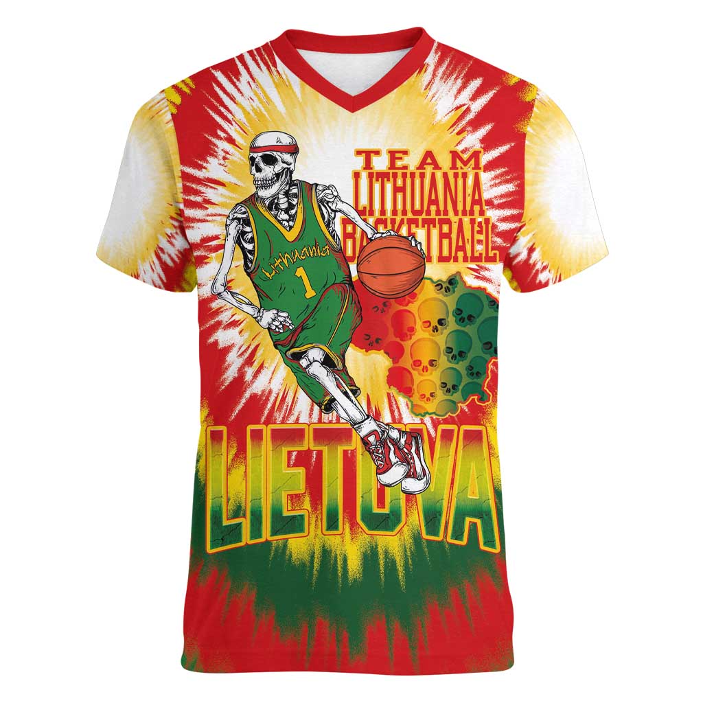 Custom Lithuania Basketball Women V-Neck T-Shirt Champions Skeleton of The Baltic Tie Dye Style - Wonder Print Shop