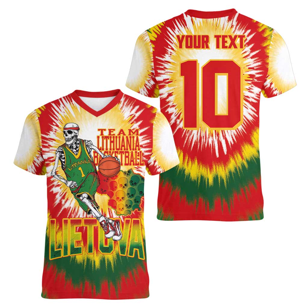 Custom Lithuania Basketball Women V-Neck T-Shirt Champions Skeleton of The Baltic Tie Dye Style - Wonder Print Shop