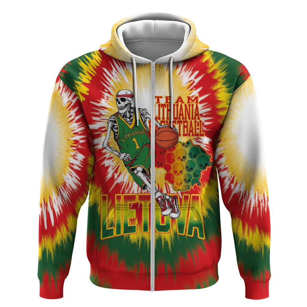 Custom Lithuania Basketball Zip Hoodie Champions Skeleton of The Baltic Tie Dye Style - Wonder Print Shop