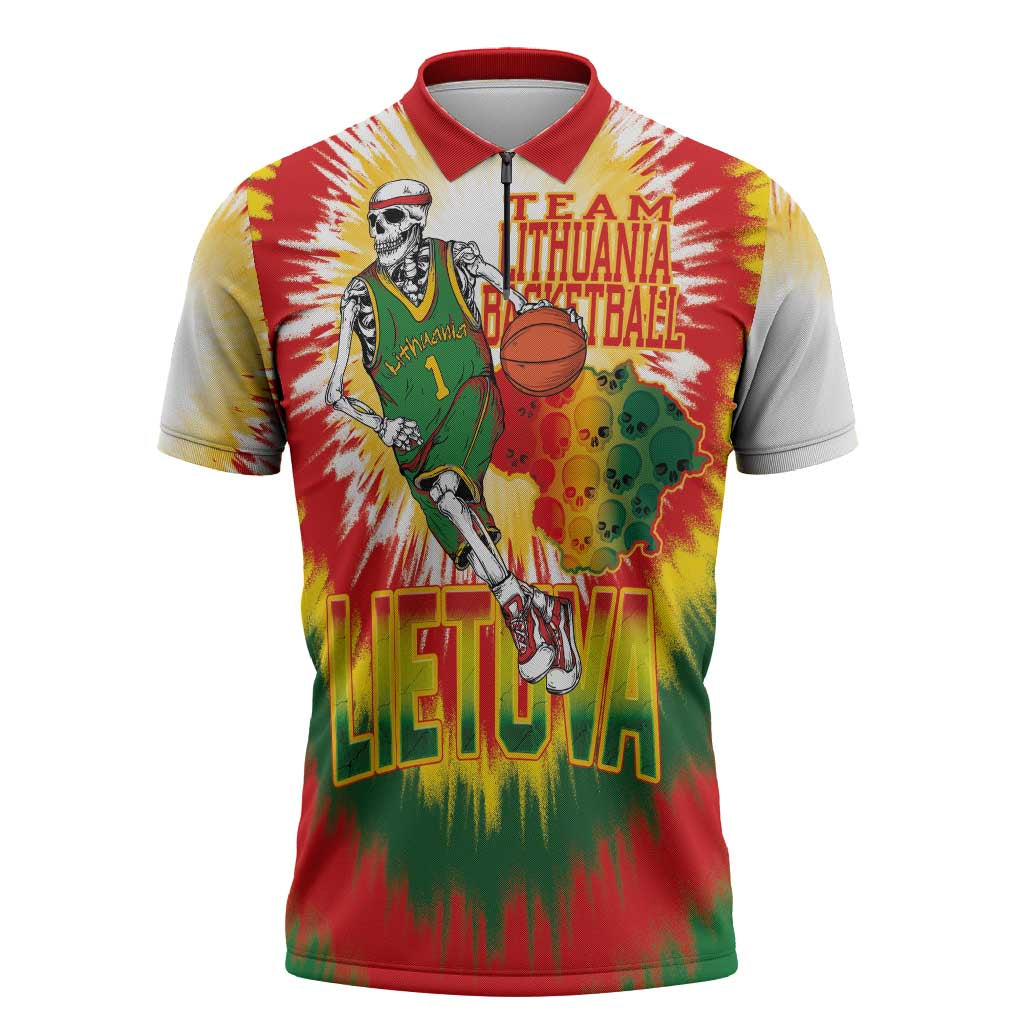 Custom Lithuania Basketball Zipper Polo Shirt Champions Skeleton of The Baltic Tie Dye Style - Wonder Print Shop