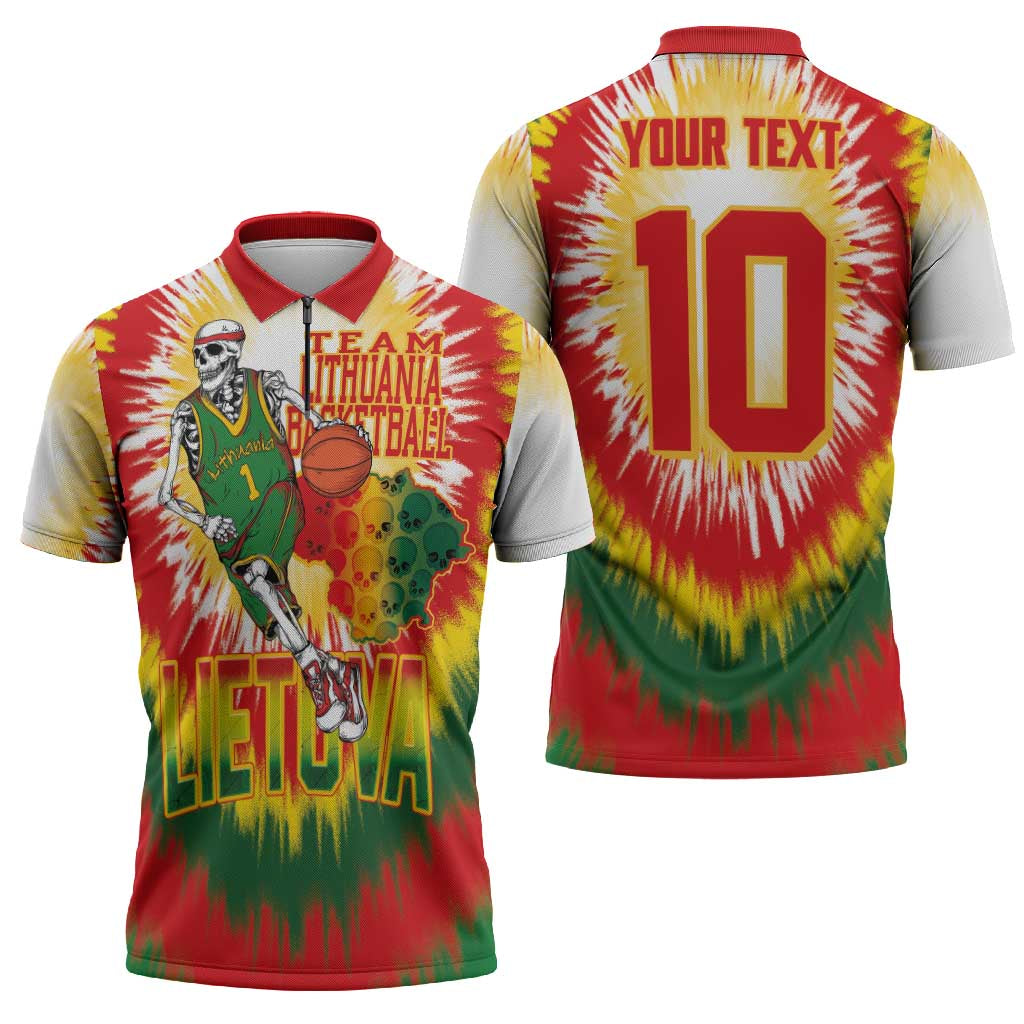 Custom Lithuania Basketball Zipper Polo Shirt Champions Skeleton of The Baltic Tie Dye Style - Wonder Print Shop