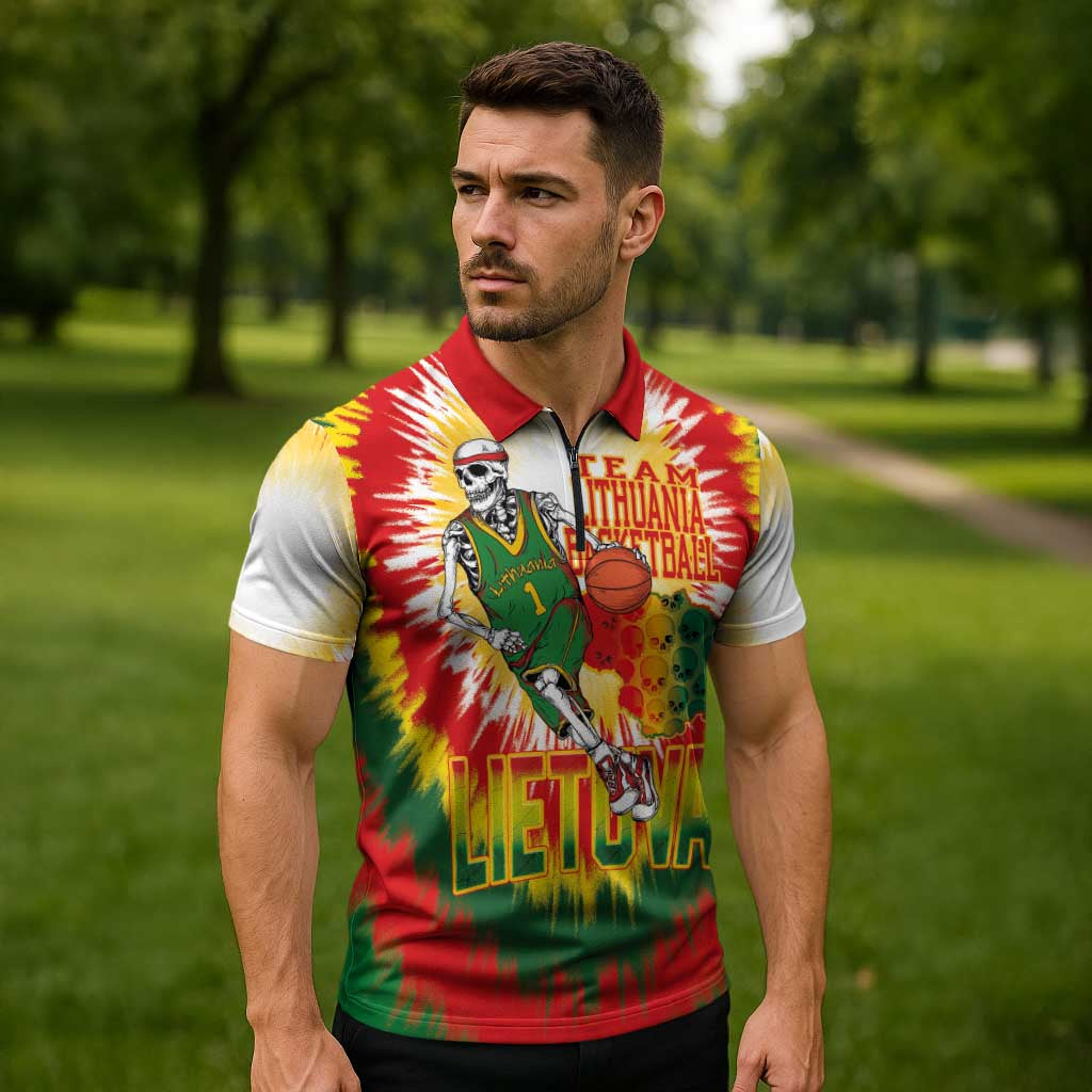 Custom Lithuania Basketball Zipper Polo Shirt Champions Skeleton of The Baltic Tie Dye Style - Wonder Print Shop