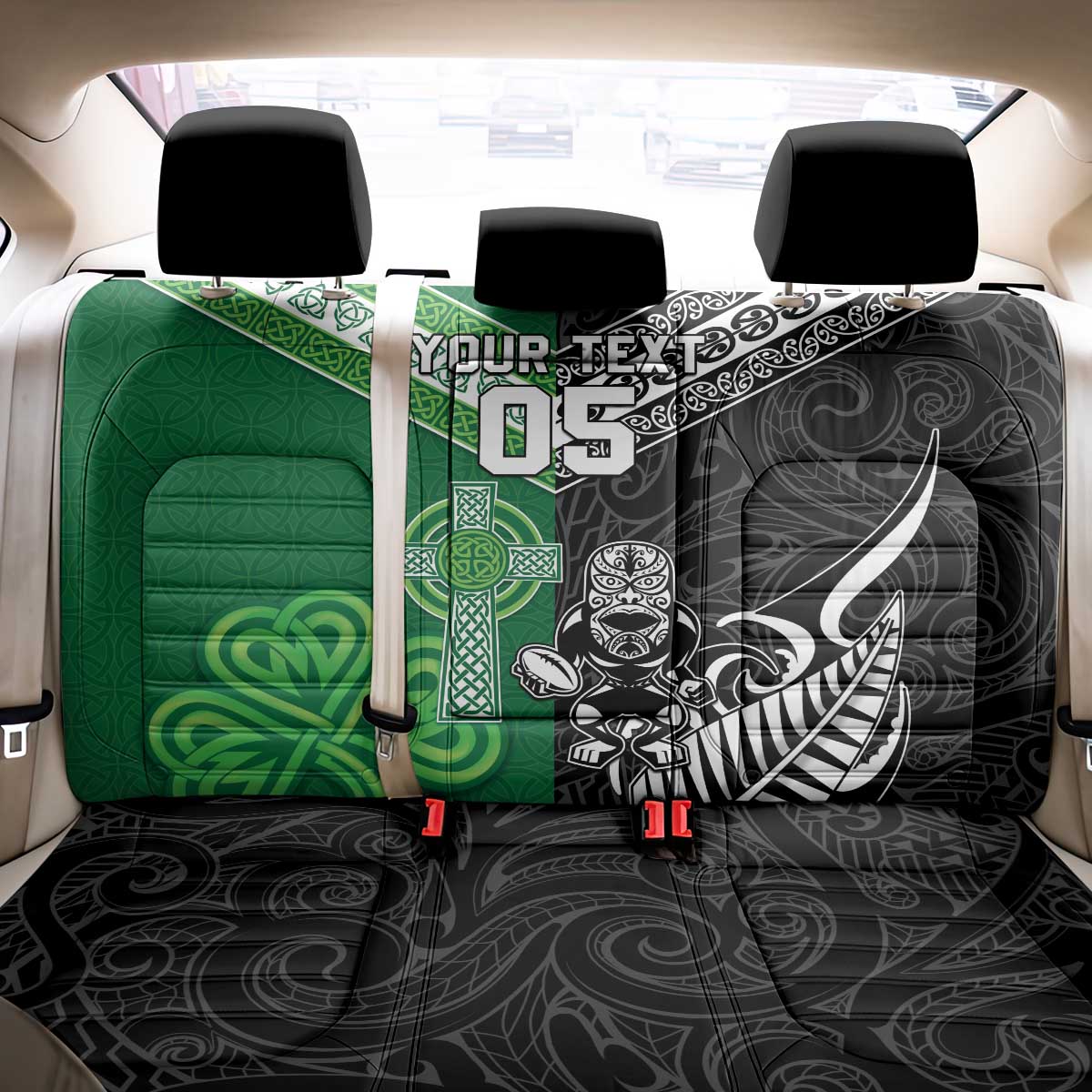 New Zealand And Ireland Rugby Custom Back Car Seat Cover Maori Tiki With Shamrock