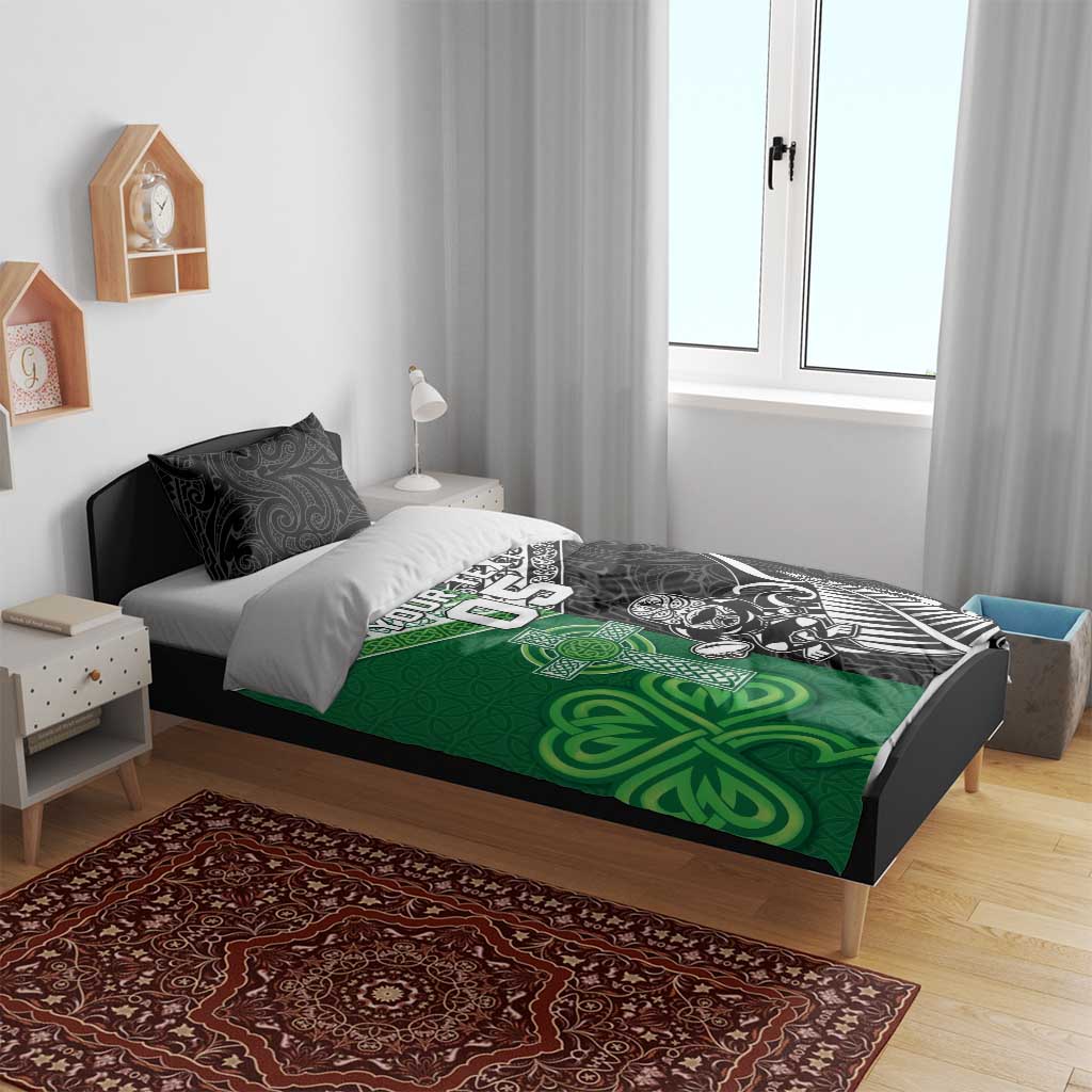 New Zealand And Ireland Rugby Custom Bedding Set Maori Tiki With Shamrock