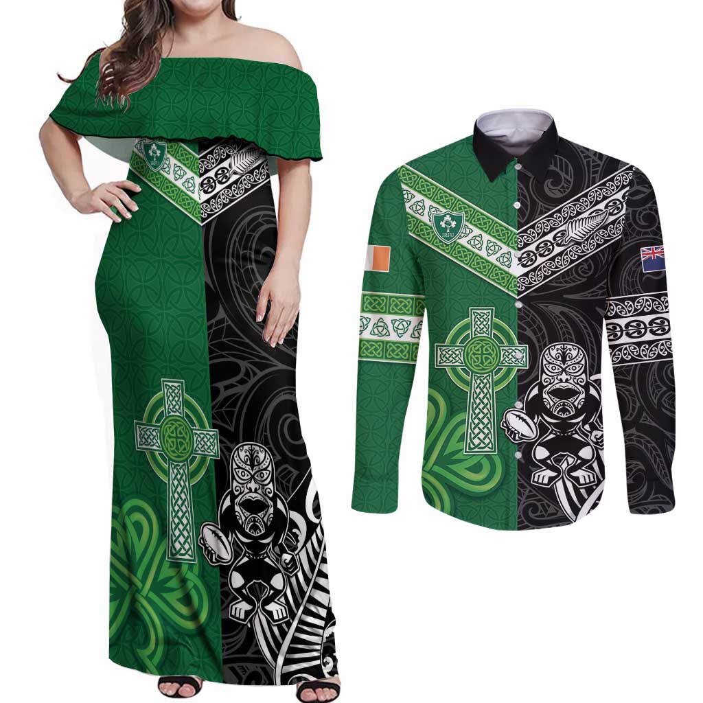 New Zealand And Ireland Rugby Custom Couples Matching Off Shoulder Maxi Dress and Long Sleeve Button Shirt Maori Tiki With Shamrock