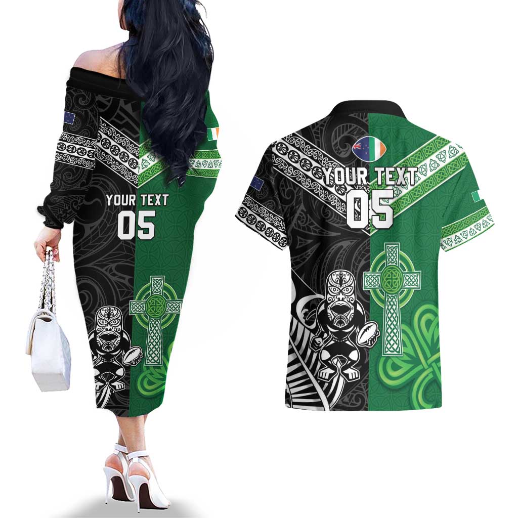 New Zealand And Ireland Rugby Custom Couples Matching Off The Shoulder Long Sleeve Dress and Hawaiian Shirt Maori Tiki With Shamrock