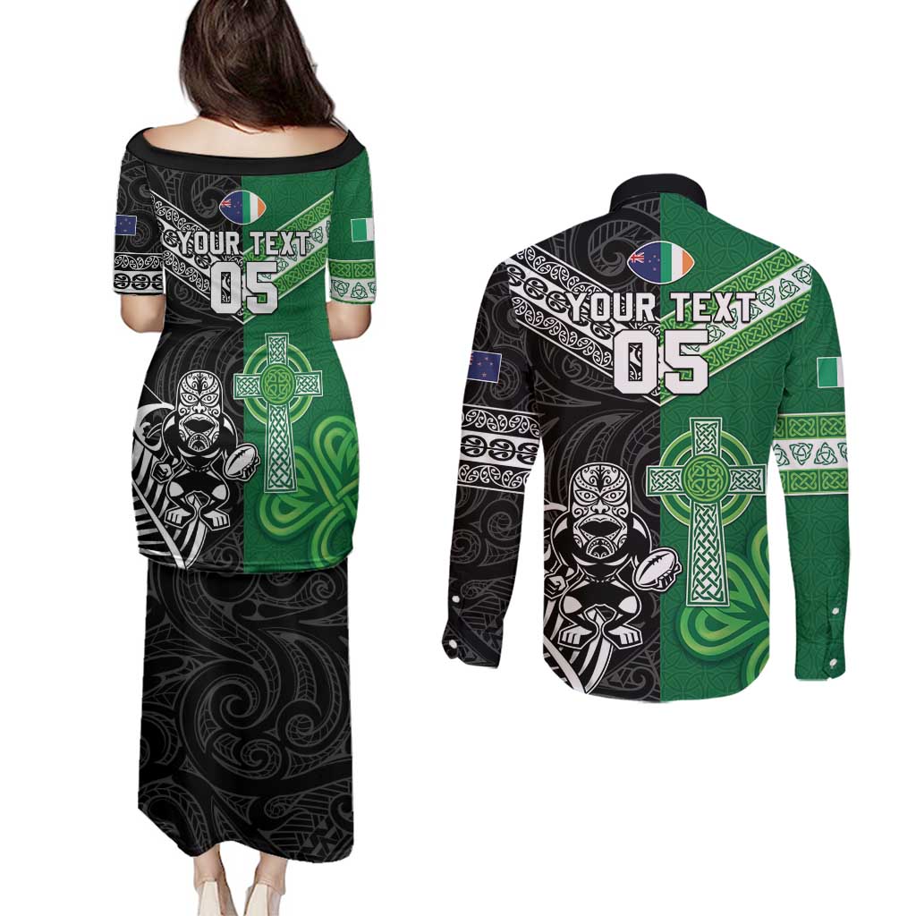New Zealand And Ireland Rugby Custom Couples Matching Puletasi and Long Sleeve Button Shirt Maori Tiki With Shamrock