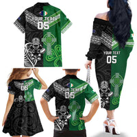 New Zealand And Ireland Rugby Custom Family Matching Off The Shoulder Long Sleeve Dress and Hawaiian Shirt Maori Tiki With Shamrock