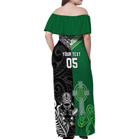 New Zealand And Ireland Rugby Custom Family Matching Off Shoulder Maxi Dress and Hawaiian Shirt Maori Tiki With Shamrock