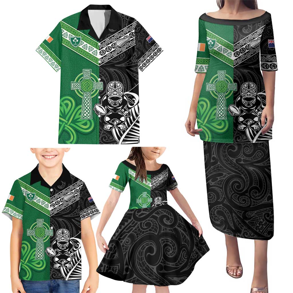 New Zealand And Ireland Rugby Custom Family Matching Puletasi and Hawaiian Shirt Maori Tiki With Shamrock