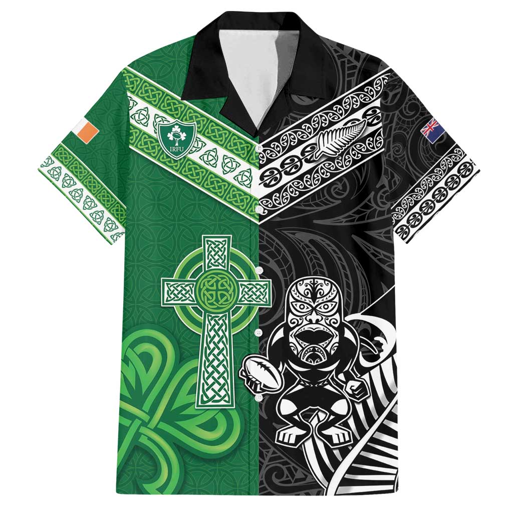 New Zealand And Ireland Rugby Custom Family Matching Puletasi and Hawaiian Shirt Maori Tiki With Shamrock