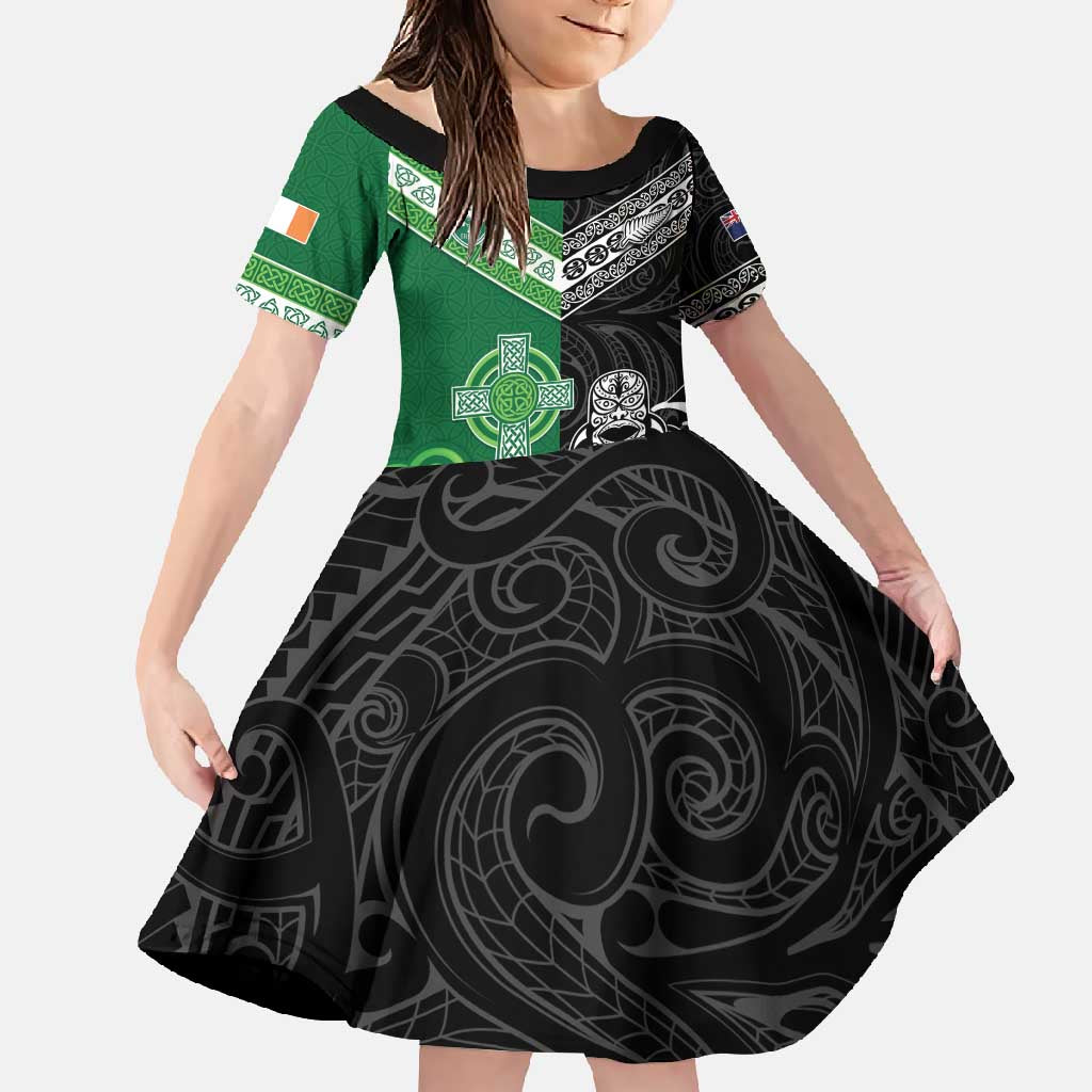 New Zealand And Ireland Rugby Custom Family Matching Summer Maxi Dress and Hawaiian Shirt Maori Tiki With Shamrock
