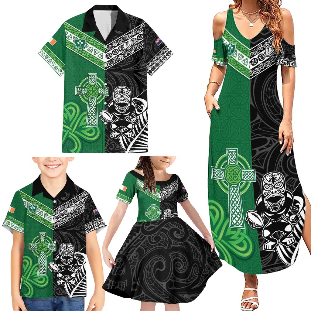 New Zealand And Ireland Rugby Custom Family Matching Summer Maxi Dress and Hawaiian Shirt Maori Tiki With Shamrock