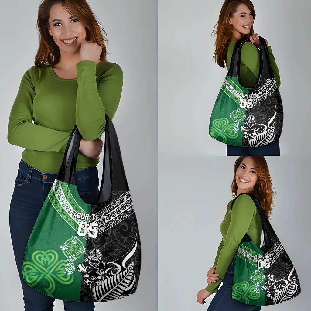 New Zealand And Ireland Rugby Custom Grocery Bag Maori Tiki With Shamrock