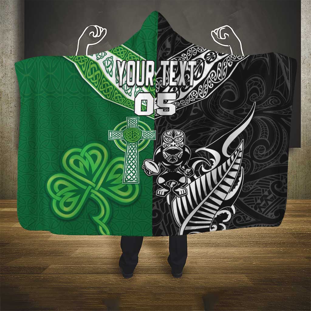 New Zealand And Ireland Rugby Custom Hooded Blanket Maori Tiki With Shamrock
