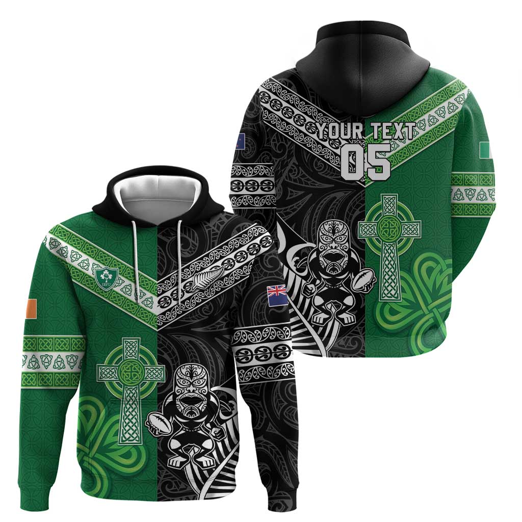 New Zealand And Ireland Rugby Custom Hoodie Maori Tiki With Shamrock
