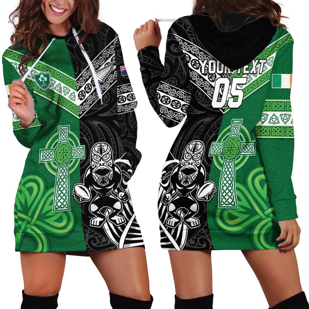 New Zealand And Ireland Rugby Custom Hoodie Dress Maori Tiki With Shamrock