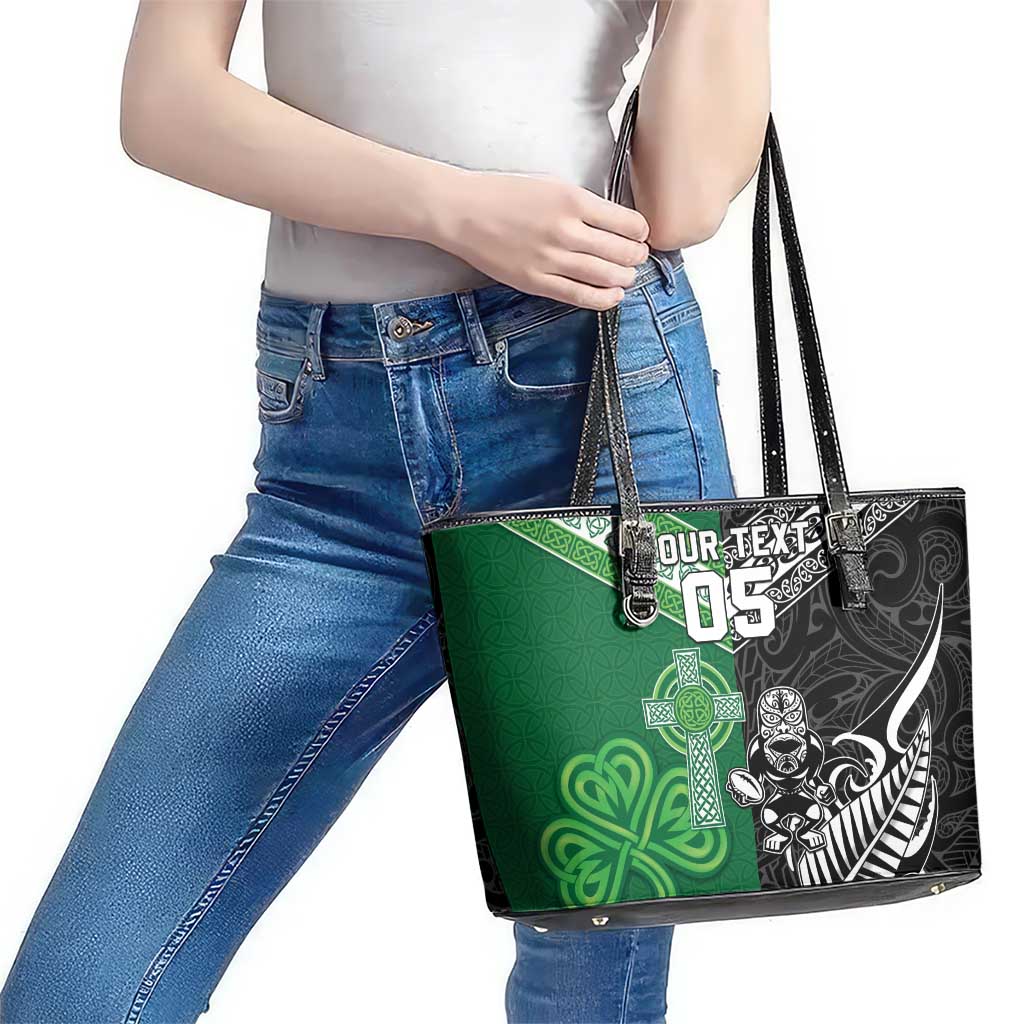 New Zealand And Ireland Rugby Custom Leather Tote Bag Maori Tiki With Shamrock