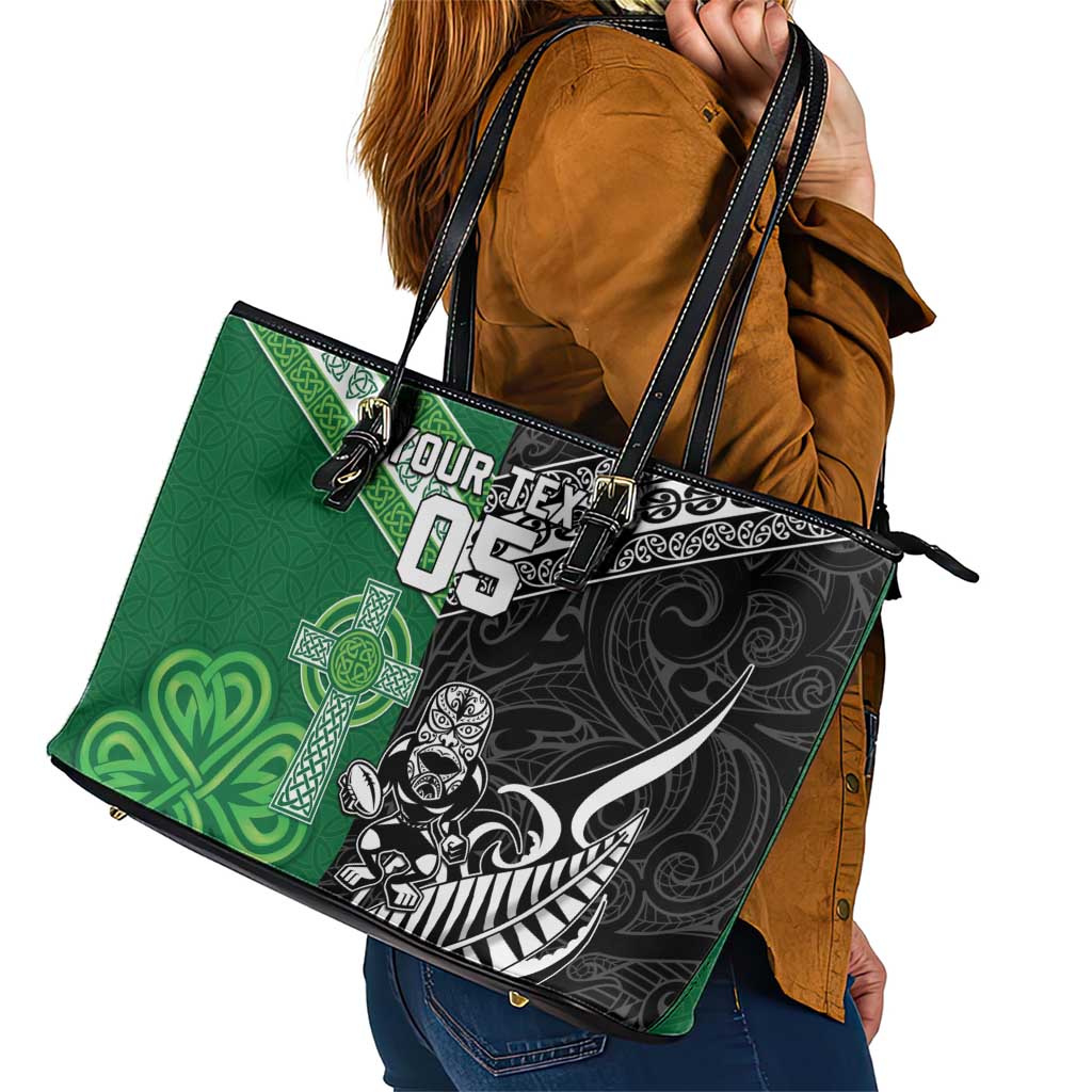 New Zealand And Ireland Rugby Custom Leather Tote Bag Maori Tiki With Shamrock
