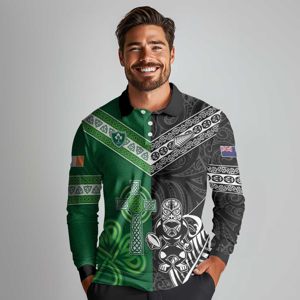 New Zealand And Ireland Rugby Custom Long Sleeve Polo Shirt Maori Tiki With Shamrock