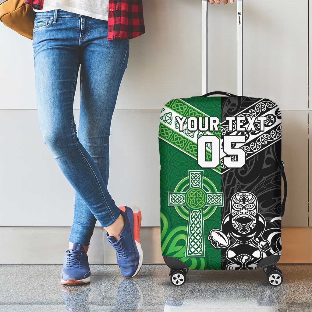 New Zealand And Ireland Rugby Custom Luggage Cover Maori Tiki With Shamrock