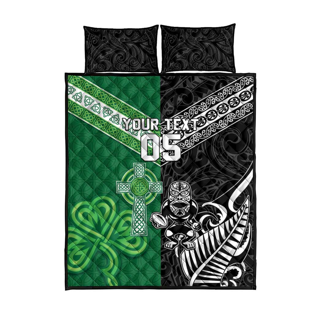 New Zealand And Ireland Rugby Custom Quilt Bed Set Maori Tiki With Shamrock