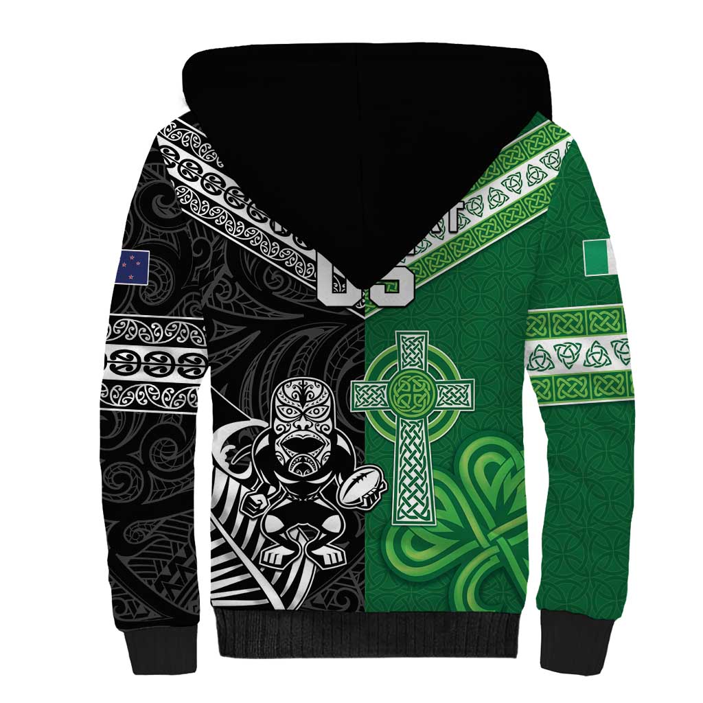 New Zealand And Ireland Rugby Custom Sherpa Hoodie Maori Tiki With Shamrock