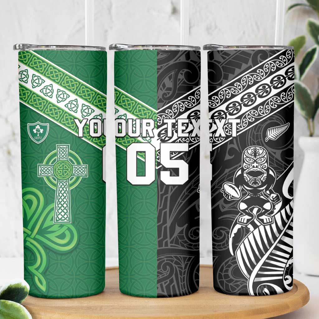 New Zealand And Ireland Rugby Custom Skinny Tumbler Maori Tiki With Shamrock