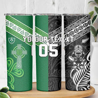 New Zealand And Ireland Rugby Custom Skinny Tumbler Maori Tiki With Shamrock