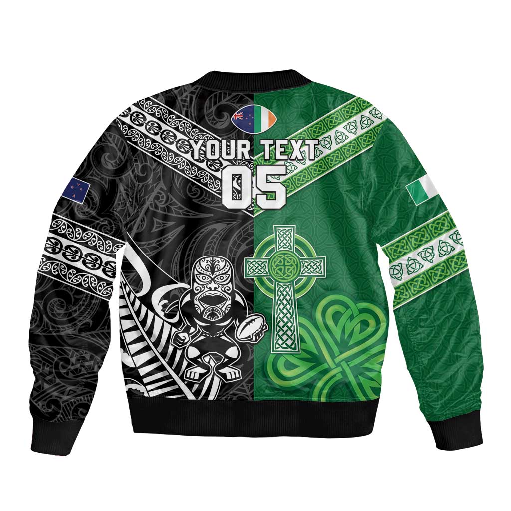 New Zealand And Ireland Rugby Custom Sleeve Zip Bomber Jacket Maori Tiki With Shamrock