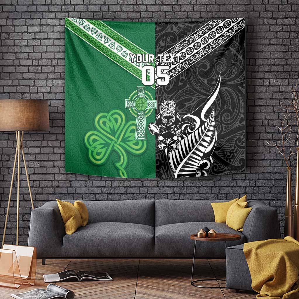 New Zealand And Ireland Rugby Custom Tapestry Maori Tiki With Shamrock