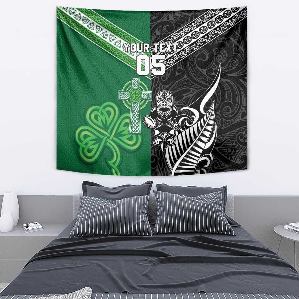 New Zealand And Ireland Rugby Custom Tapestry Maori Tiki With Shamrock