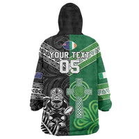New Zealand And Ireland Rugby Custom Wearable Blanket Hoodie Maori Tiki With Shamrock