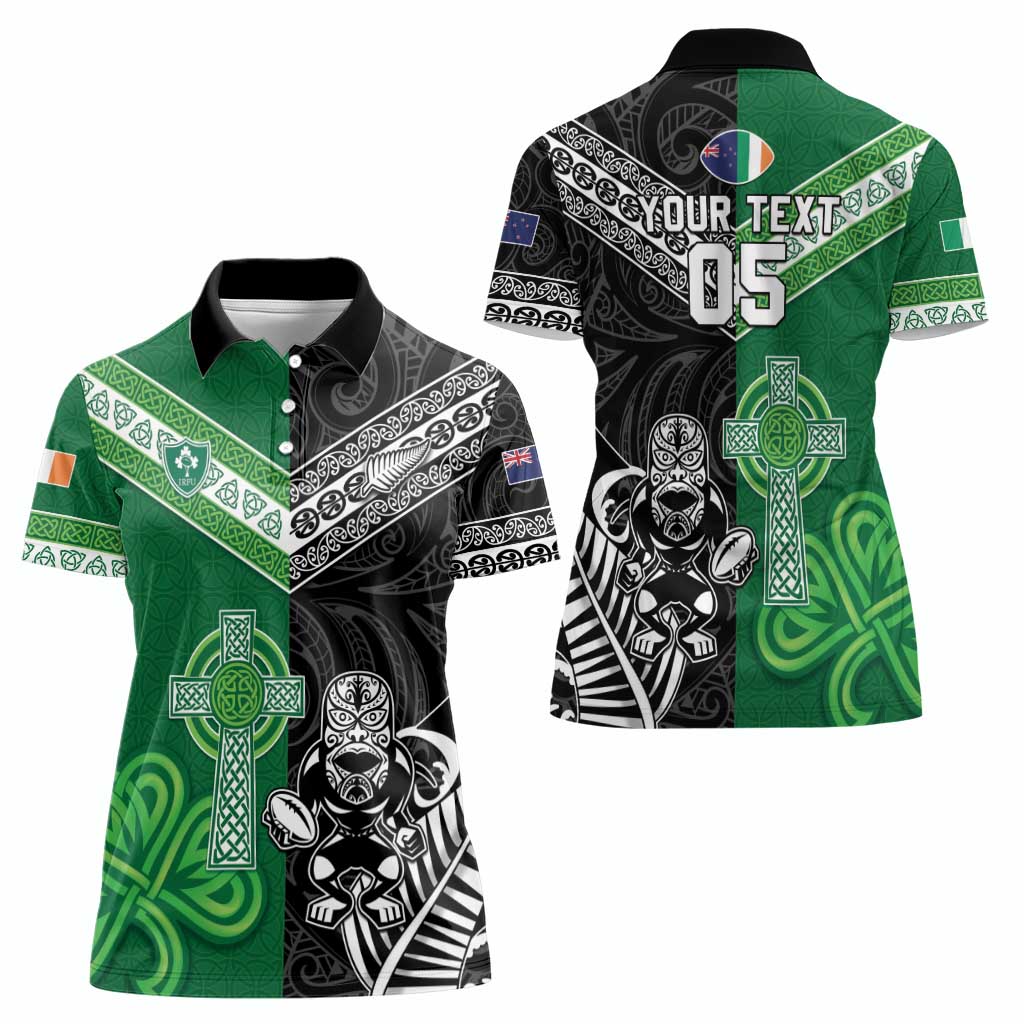 New Zealand And Ireland Rugby Custom Women Polo Shirt Maori Tiki With Shamrock