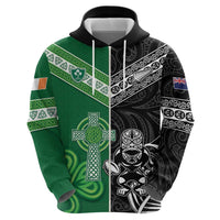 New Zealand And Ireland Rugby Custom Zip Hoodie Maori Tiki With Shamrock