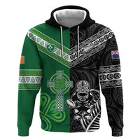 New Zealand And Ireland Rugby Custom Zip Hoodie Maori Tiki With Shamrock