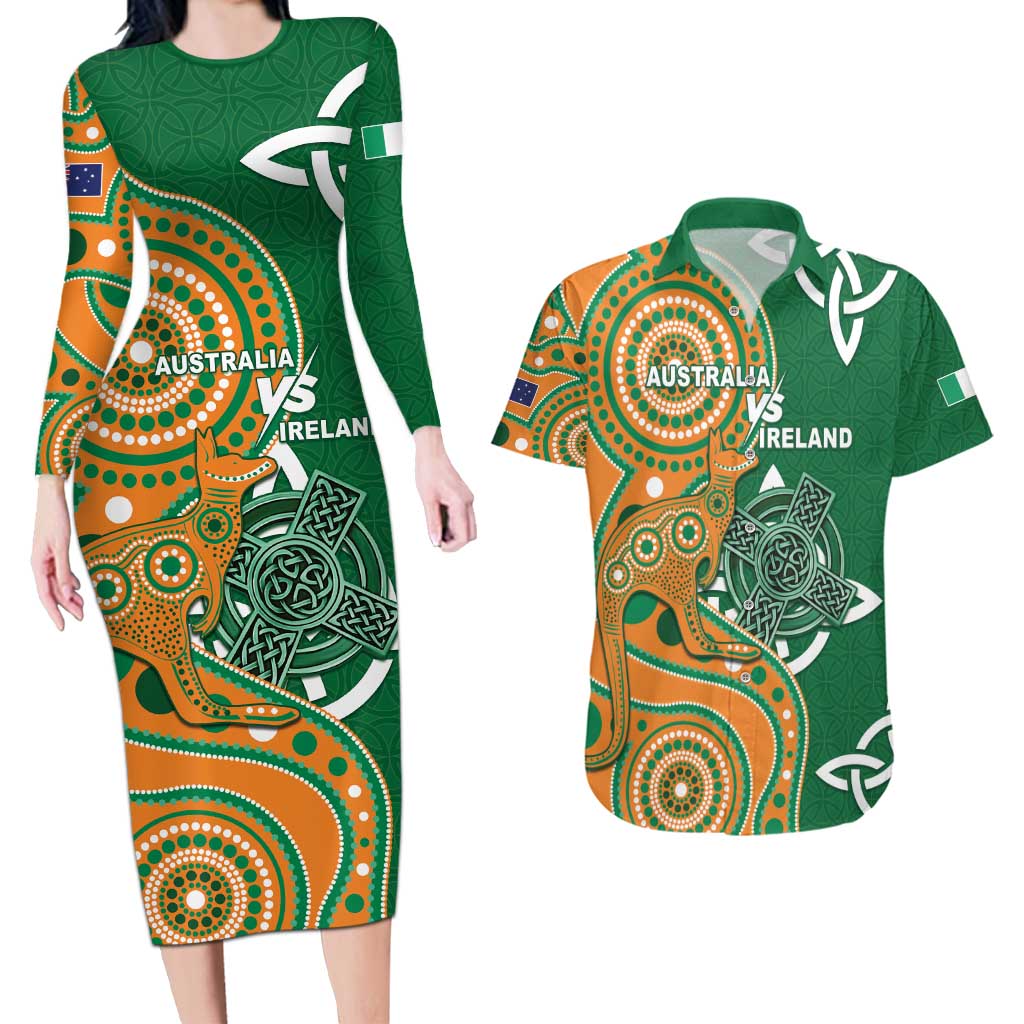 Australia And Ireland Rugby Custom Couples Matching Long Sleeve Bodycon Dress and Hawaiian Shirt Walllabies And Shamrock Together