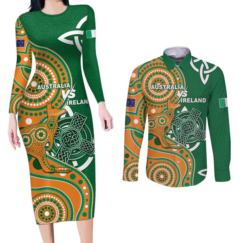 Australia And Ireland Rugby Custom Couples Matching Long Sleeve Bodycon Dress and Long Sleeve Button Shirt Walllabies And Shamrock Together