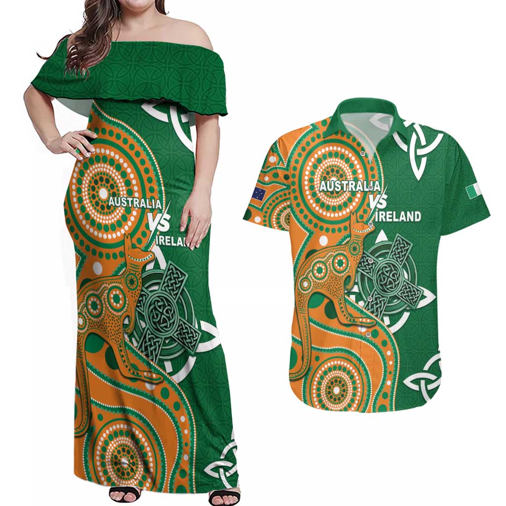 Australia And Ireland Rugby Custom Couples Matching Off Shoulder Maxi Dress and Hawaiian Shirt Walllabies And Shamrock Together