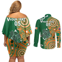 Australia And Ireland Rugby Custom Couples Matching Off Shoulder Short Dress and Long Sleeve Button Shirt Walllabies And Shamrock Together